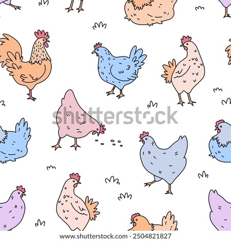 Chicken seamless pattern. Cute cartoon chicken background. Hand drawn vector illustration. Texture for print, textile, fabric.