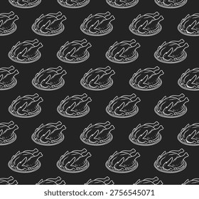 Chicken Seamless Pattern Design. Roasted Poultry Illustration Style. Repeating Whole Chicken Motif. Hand Drawn Food Pattern. Culinary Background For Packaging.
