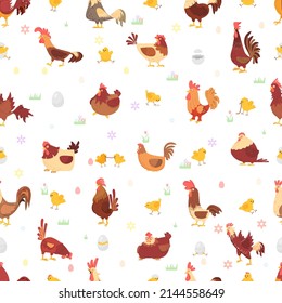 Chicken seamless pattern. Farm birds, chickens and rooster spring design. Easter eggs and chicks, domestic animals. Rustic decent vector print