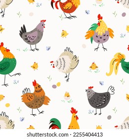 Chicken seamless pattern, farm birds spring background. Chick hen and cartoon rooster. Easter template, funny nowaday vector fabric print