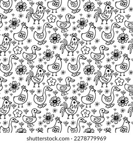 Chicken seamless pattern, farm birds spring background. Chick hen and cartoon rooster. Easter template, funny nowaday vector fabric print