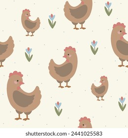 Motif harmonieux de poulet, arrière-plan joli enfants dessiné à la main, palette rétro vintage