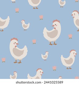 Patrón sin fisuras de pollo, fondo de los niños dibujado a mano, paleta retro vintage