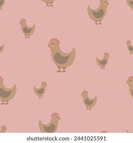 Chicken seamless pattern, hand drawn cute kids background, vintage retro pallete