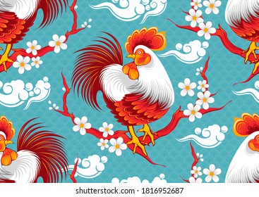 Chicken Seamless Pattern, Line and point drawings and beautiful feathers, Japan fashion