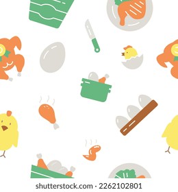 Chicken seamless pattern. Repeating design element for printing on fabric. Chicken leg in pan, eggs, meat. Protein foods and healthy eating.