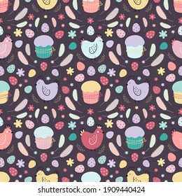 Chicken seamless pattern.Easter pattern with chickens decorated with eggs, cakes and feathers. Design for textile, packaging, packaging, web, printing. Vector flat illustration