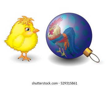 The chicken sees the reflection of a rooster at the Christmas ball. Vector Illustration.