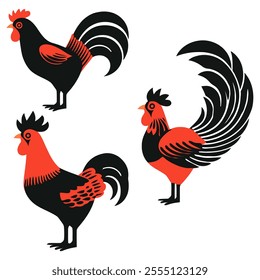 Chicken Set with Artistic Roosters Flat Vector Illustration