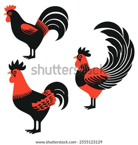 Chicken Set with Artistic Roosters Flat Vector Illustration