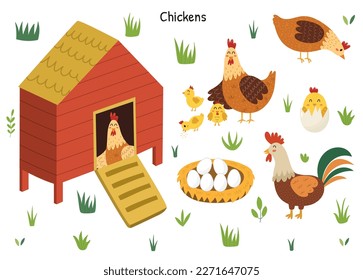 Chicken set with a cute hen, rooster, chicks and eggs. Chicken coop with a bird inside. Farm characters collection. Vector illustration