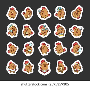 Chicken set featuring adorable characters with various emotions, accessories, and activities, including cooking, studying, celebrating, relaxing, farming, and enjoying life in a charming