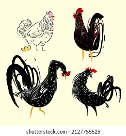 Chicken set hand drawing vector illustration. Isolated on white background.