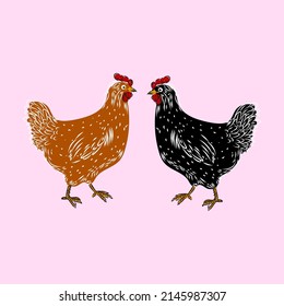 Chicken set, hen, rooster character vector illustration.