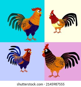 Chicken set, hen, rooster character vector illustration.