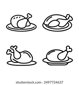 Chicken set icons. Fried chicken drumstick, roasted whole chicken, poultry, food, meal, cooking, dinner, culinary, protein, comfort food, homemade.