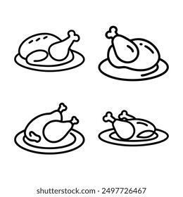 Chicken set icons. Fried chicken drumstick, roasted whole chicken, poultry, food, meal, cooking, dinner, culinary, protein, comfort food, homemade.