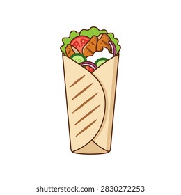 Chicken shawarma wrap with fresh salad and garlic sauce. A colorful illustration of a chicken wrap featuring grilled meat, lettuce, tomato, cucumber, and onion in a toasted tortilla. Ideal for restaurant menus or food delivery app interfaces.