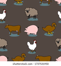 chicken sheep cow pig duck simple to edit seamless pattern hand drown