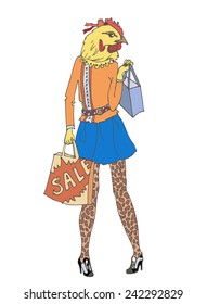 Chicken with shopping. Fashionable chicken with shopping. Sale. Vector illustration hand made. Girl with chicken face. Trendy look.Vector