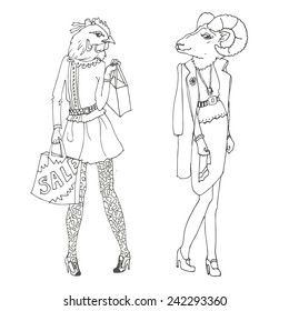 Chicken with shopping and sheep in a red jacket. Fashionable chicken with shopping and a lady high society with head of a ram. Sale. Vector illustration hand made. Trendy look.Sheep.Vector