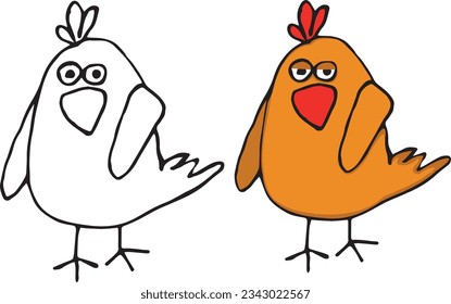 Chicken with short legs. A design element or a page of a children's coloring book. Black-and-white and color contour illustration on a white background