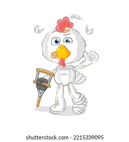 the chicken sick with limping stick. cartoon mascot vector