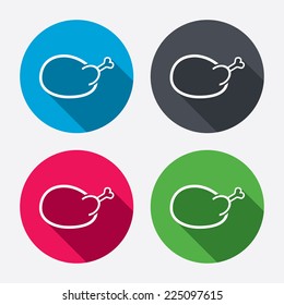 Chicken sign icon. Hen bird meat symbol. Circle buttons with long shadow. 4 icons set. Vector