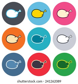Chicken sign icon. Hen bird meat symbol. Colored round buttons. Flat design circle icons set. Vector