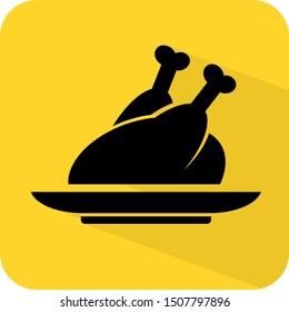 Chicken sign. Meat logo. Meal restaurant hotel dish inn menu order. Flat 3D shadow design. yellow background black vector. product brand service label banner board display. App icon.