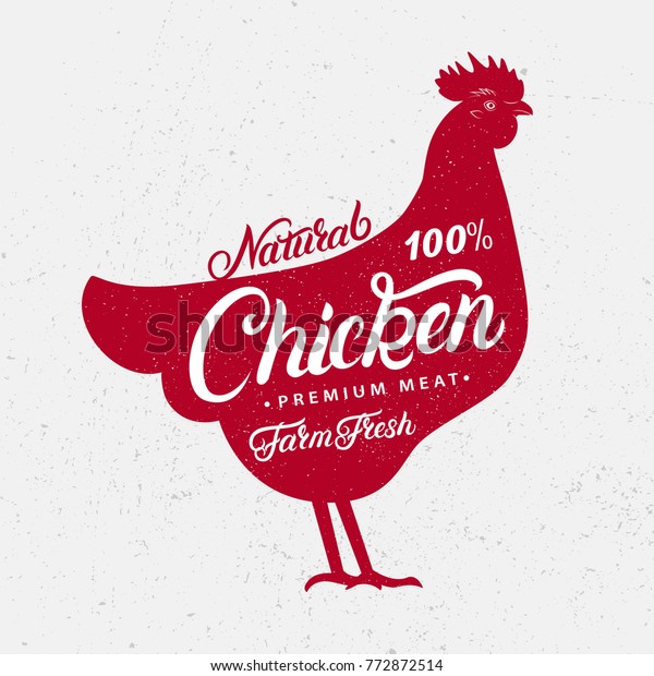 鶏のシルエットと手書きの文字 チキン ファーム フレッシュ ナチュラル ロゴ サイン 食料品 食肉店 肉屋 農業市場のアイコン 肉に関するテーマのポスター ベクター画像 のベクター画像素材 ロイヤリティフリー