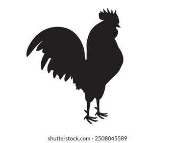 Chicken Silhouette Vector Illustration White Background. cockerel, rooster, a feathered and domestic animal. Rooster black silhouette vector on a white background