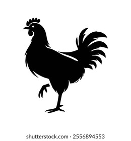 Chicken Silhouette Vector Illustration White Background. cockerel, rooster, a feathered and domestic animal. Rooster black silhouette vector on a white background
