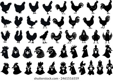 Vectores de silueta de pollo. Ilustraciones vectoriales de silueta de gallina.