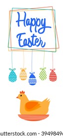 Chicken Sit On Nest Colorful Eggs Happy Easter Holiday Banner Greeting Card Vector Illustration