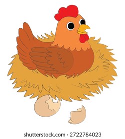 Una gallina se sienta en un nido con huevos