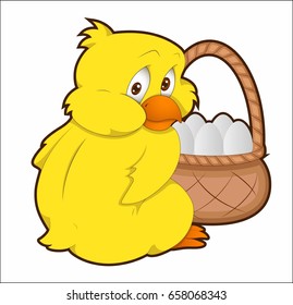 The chicken sits next to the eggs