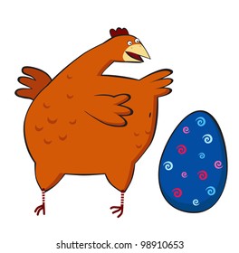 Chicken sits and wonders Easter Egg. Vector illustration.