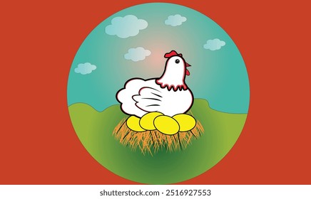 Chicken sitting in with eggs,