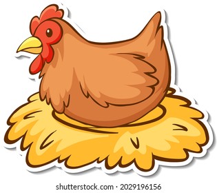 Chicken sitting on hay sticker illustration