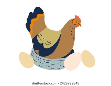 Chicken sitting on nest with eggs. Agriculture, farming, domestic animals, nature concept