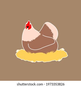 The chicken is sitting on the nest. Vector illustration.