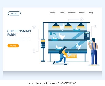 Chicken smart farm vector website template, web page and landing page design for website and mobile site development. Poultry farming control technology concept.
