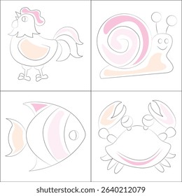 Chicken, Snail, Fish and Crab - Playful Animal Vector Line Art Pack