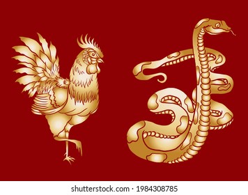 Chicken and snake vector for doodle and coloring book on white background.Rooster illustration on zodiac sign.