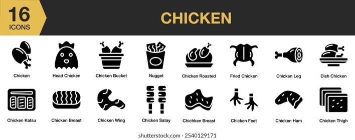 Conjunto de ícone sólido do Chicken. Inclui pés, presunto, katsu, torrado, satay, coxa e muito mais. Coleção vetorial de ícones sólidos.