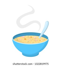 Chicken soup in a bowl. Healthy food and delicious dinner, breakfast or lunch. Homemade nutrition. Isolated vector illustration in cartoon style