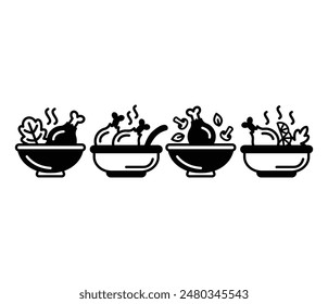 chicken soup bowl icons symbol vector design black white color illustration collection set