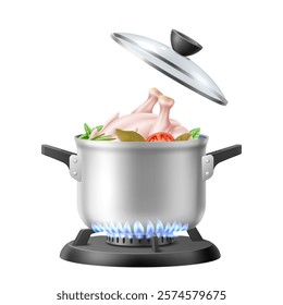 Chicken soup cooked in pot. Realistic isolated kitchen elements for cooking, heated steel saucepan on gas burner, glass lid, meat broth in pan, meal preparation, Vector concept