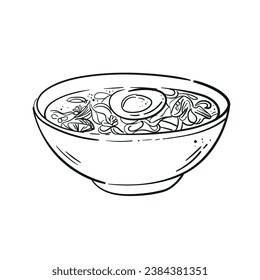 Sopa de pollo con fideos y huevo en un boceto. Ilustración de estilo Doodle. Día internacional de la sopa. Menú, diseño, web.